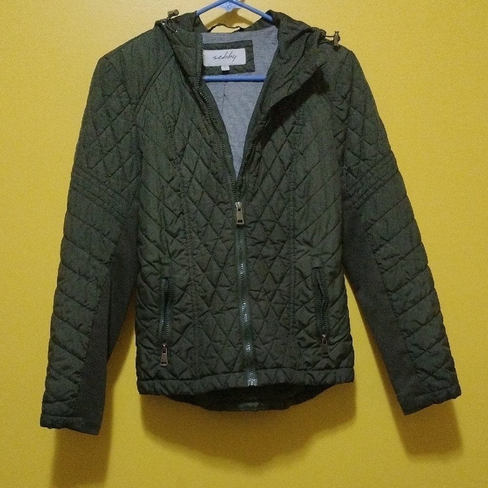 Sebby Green Puffer Jacket with Quilted Design and Hood